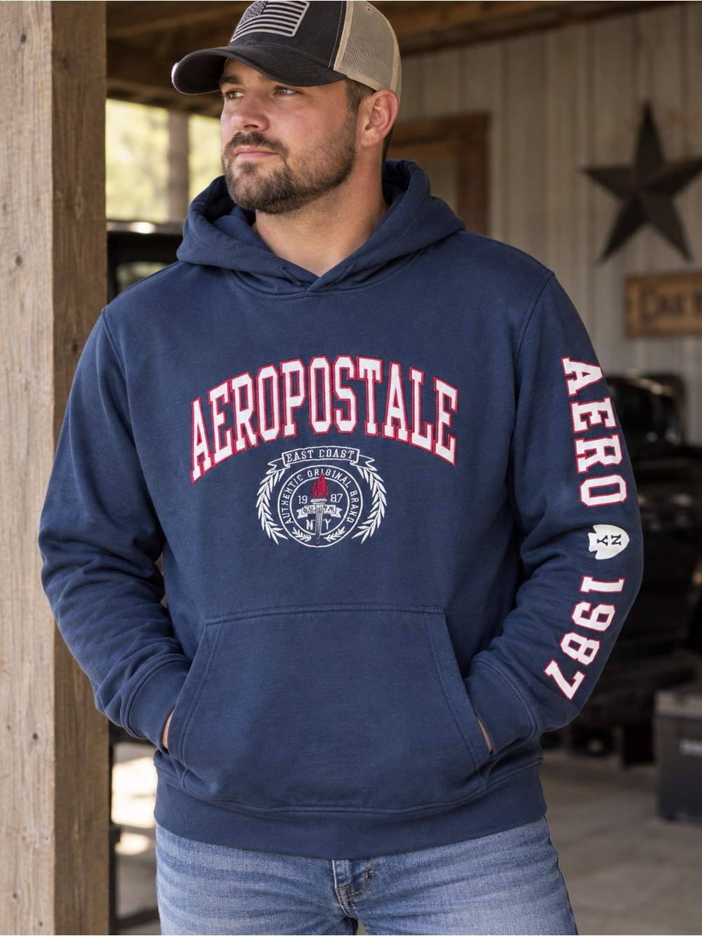 Aeropostale Navy Pullover Hoodie with Red Logo